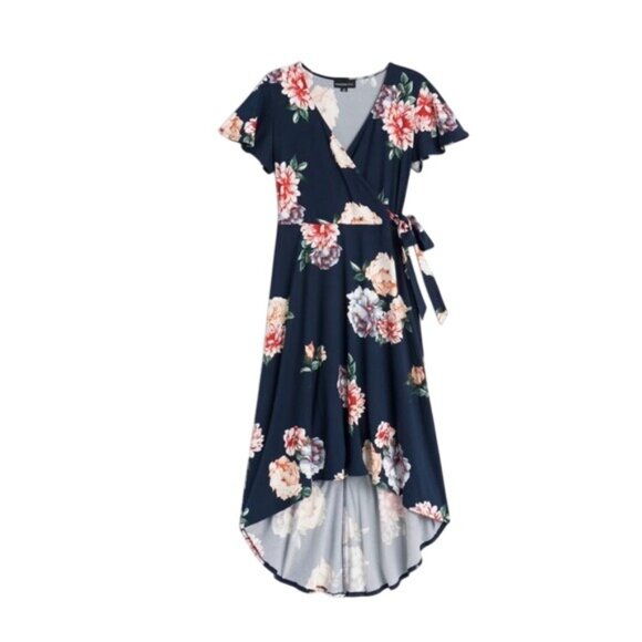 Navy Blue Floral Print Ultra-Soft Knit Side-Tie Hi-Low Dress Size 3X 22 24 Plus - Picture 6 of 9